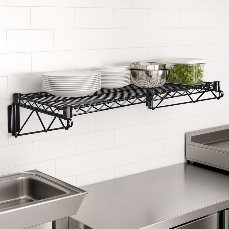 Product image #3 for Quantum Wall-Mounted Cantilever Single Wire Shelf Unit, 60 x 18 Inches, Black Epoxy Antimicrobial Finish
