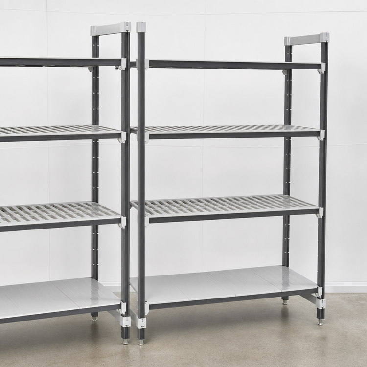 Product image #3 for Cambro Camshelving Elements XTRA 4-Tier Stationary Add-On Polymer Shelving Unit, 24" D x 30" W x 72" H, 3 Vented + 1 Solid