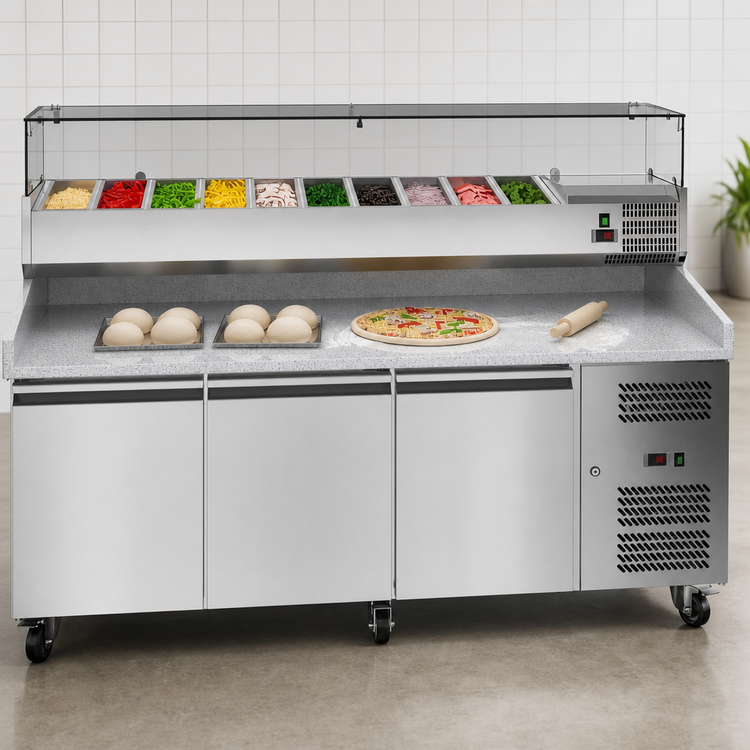 Product image #3 for KoolMore Commercial 79.5-Inch Granite Top Refrigerated Pizza Prep Counter, 3-Section, Stainless Steel