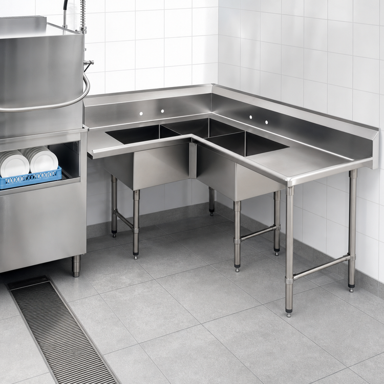 Product image #3 for Advance Tabco Right-Hand Corner Sink Table with 3-Compartment Sink, 48-Inch Drainboard, 96-Inch Wide, 304 Stainless Steel