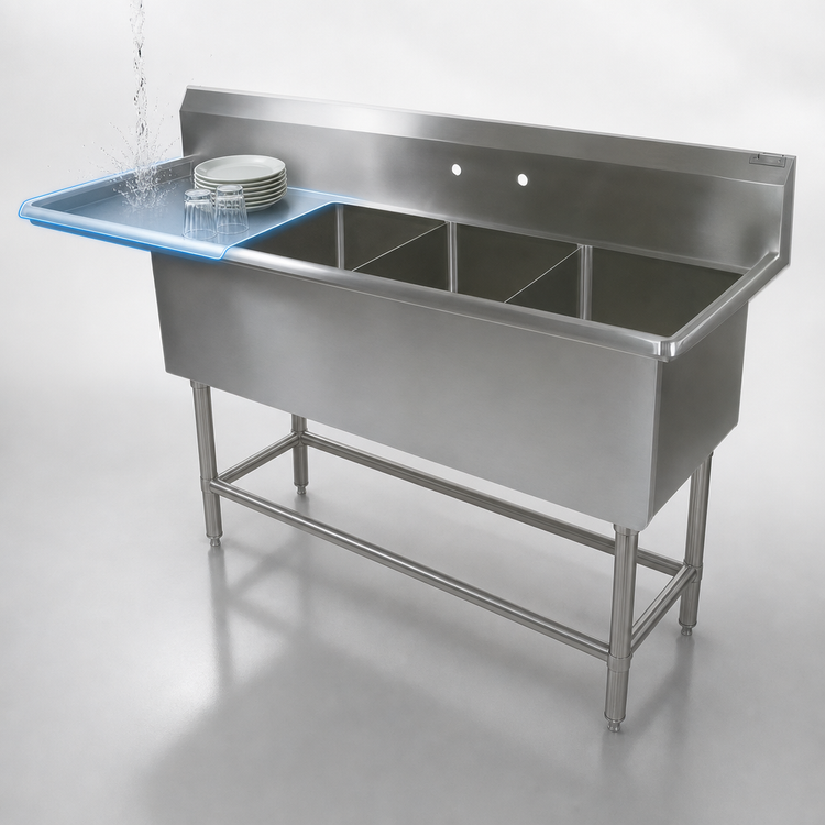 Product image #3 for John Boos Pro-Bowl 3-Compartment Floor Model Sink with 30-Inch Left Drainboard, 24 x 24 x 12 Inch Bowls