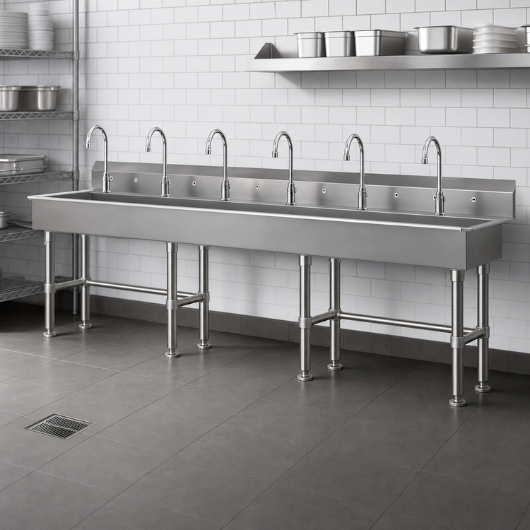 Product image #3 for Advance Tabco 120-Inch Wide Multiwash 6-Station Freestanding Hand Sink with 6 Gooseneck Faucets
