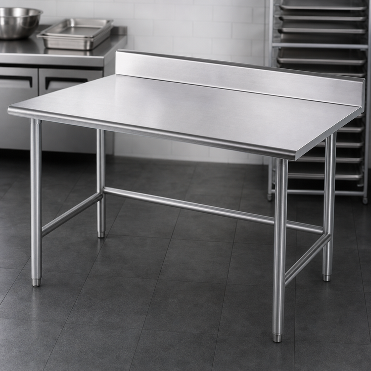 Product image #3 for Advance Tabco 60-Inch x 30-Inch 14-Gauge 304 Stainless Steel Work Table with 5-Inch Backsplash and Open Base