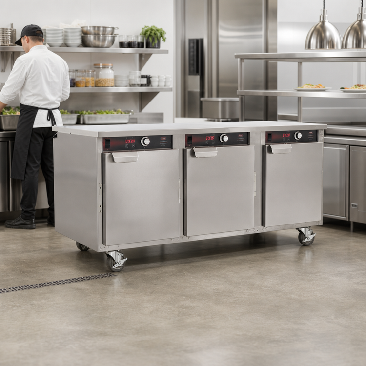 Product image #3 for FWE Handy Line Mobile 3-Compartment Heated Holding Cabinet, Undercounter Height, 3 Solid Doors