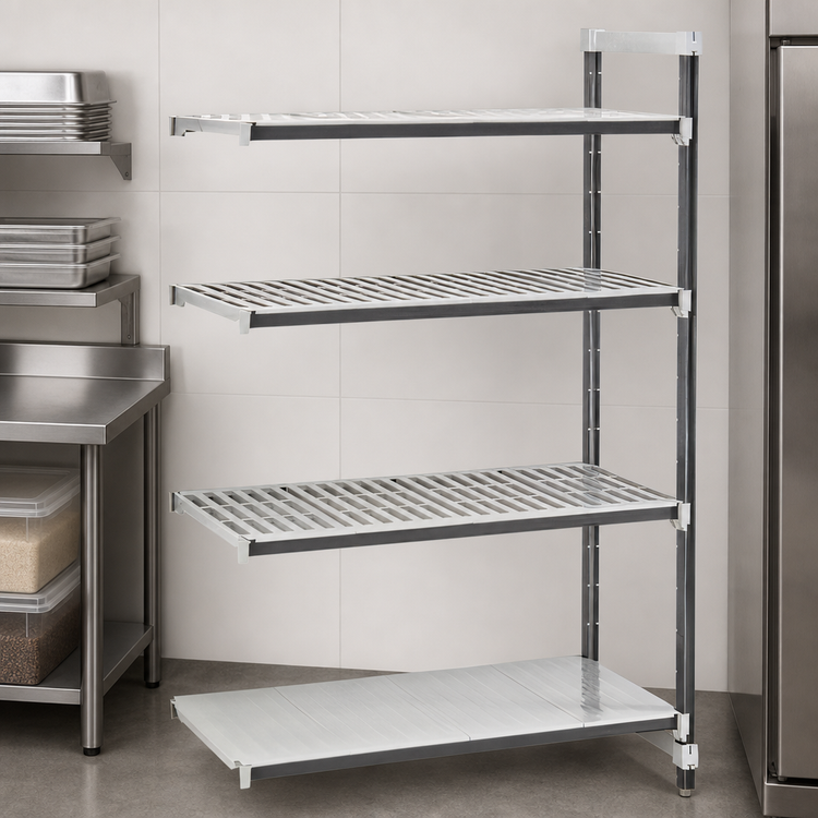 Product image #3 for Cambro Camshelving Elements XTRA 4-Shelf Stationary Add-On Polymer Shelving Unit, 18 x 42 x 64 Inches, Vented and Solid Shelves