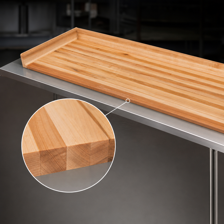Product image #3 for John Boos Edge Grain Northern Hard Rock Maple Bakers' Table Top with 4" Coved Backsplash, 108" x 36" x 1-3/4"