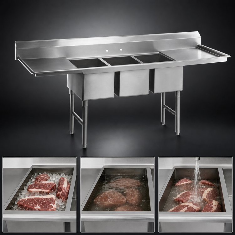 Product image #3 for Eagle Group Spec-Master Three-Compartment Supermarket Meat Platter Sink, 51 x 39 Inches, 14/304 Stainless Steel, No Drainboards