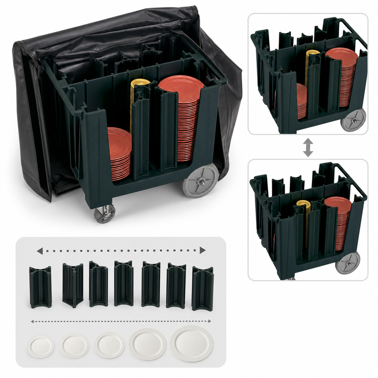 Product image #4 for Cambro Adjustable 6-Tower Dish Cart with Vinyl Dust Cover, Black Polyethylene