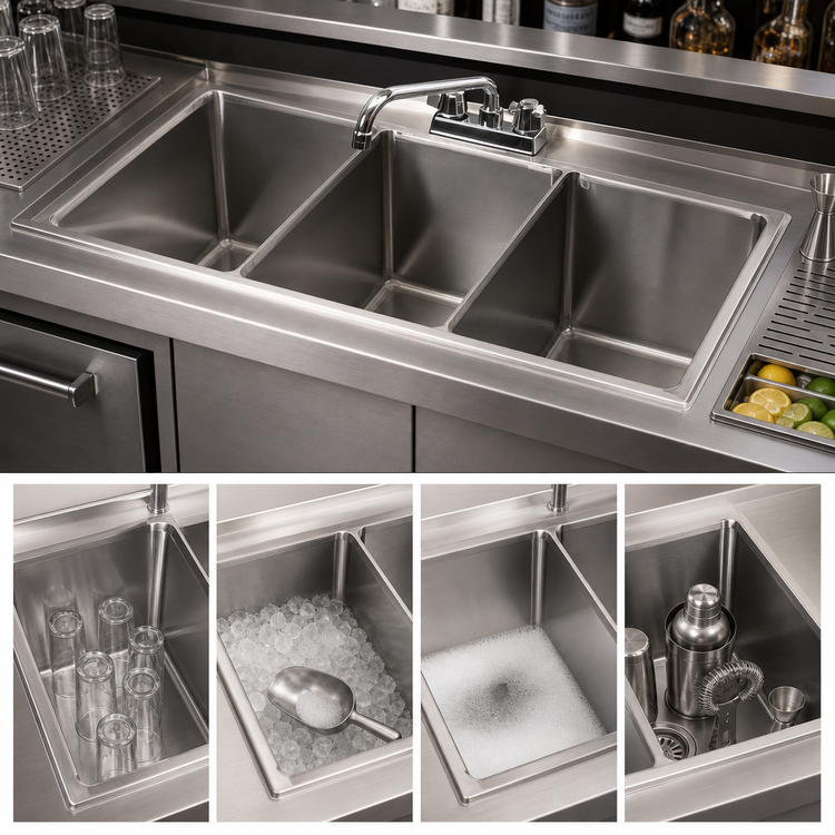Product image #3 for Klinger's Trading 4-Compartment Drop-In Bar Sink with Dual Drainboards