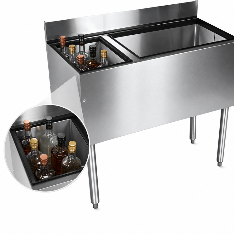 Product image #3 for CHOICE 48-Inch Underbar Combo Ice Bin/Cocktail Unit with 6-Bottle Insulated Storage