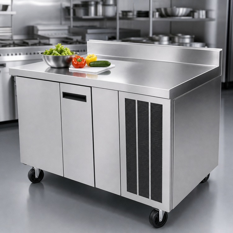 Product image #3 for Delfield 99-Inch Three-Section Worktop Refrigerator with 4-Inch Backsplash, 3 Doors, and Side-Mounted R290 Refrigeration
