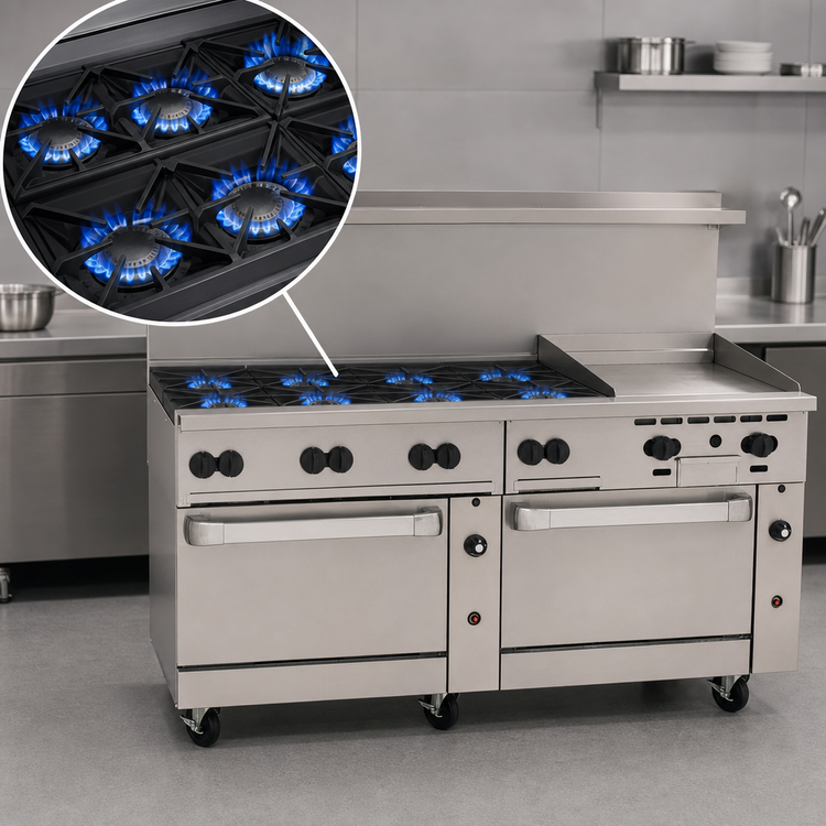 Product image #3 for Vulcan Endurance 72-Inch Stainless Steel Gas Restaurant Range with 8 Open Burners, 24-Inch Thermostatic Griddle, Standard Oven, and Convection Oven