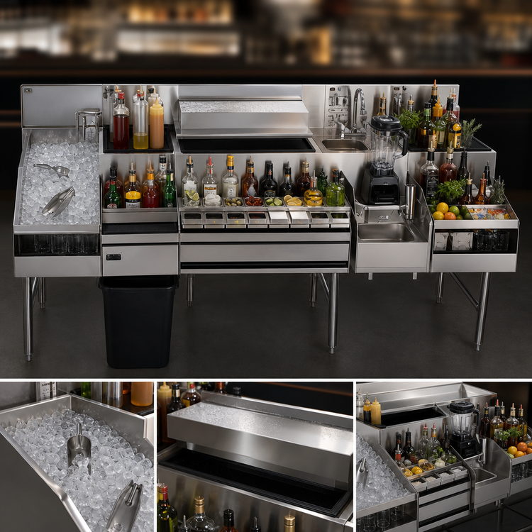 Product image #3 for Glastender 60-Inch All-In-One Underbar Ice Bin/Cocktail Station with 10-Circuit Cold Plate, Sink, and Blender Shelf