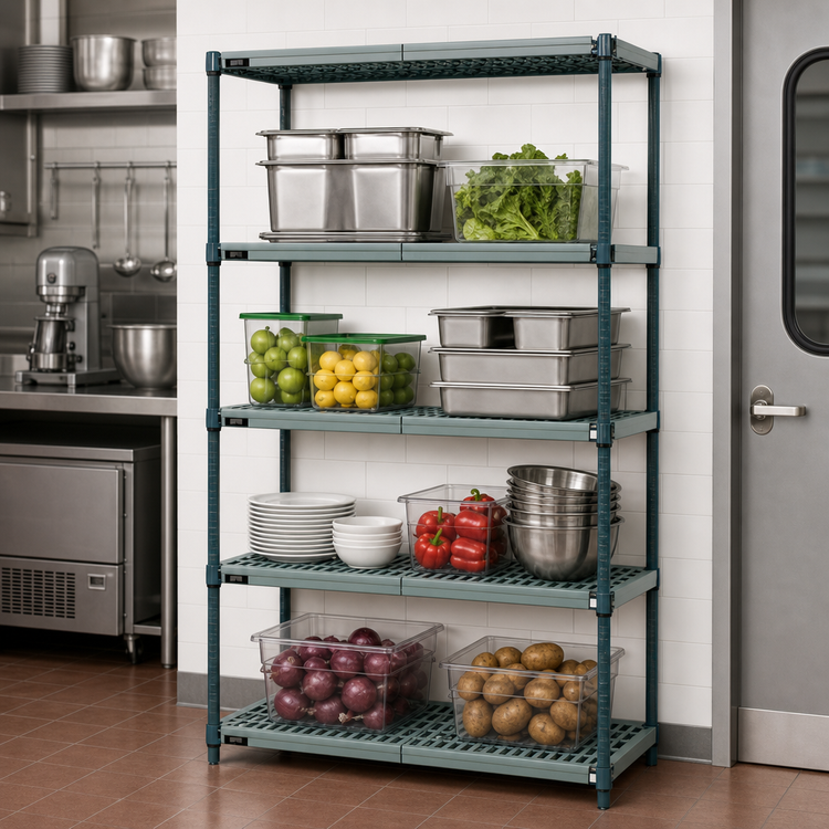 Product image #3 for Quantum Stationary 4-Tier Wire Plastic Mat Shelving Unit, 48W x 24D x 74H, Green Epoxy Antimicrobial