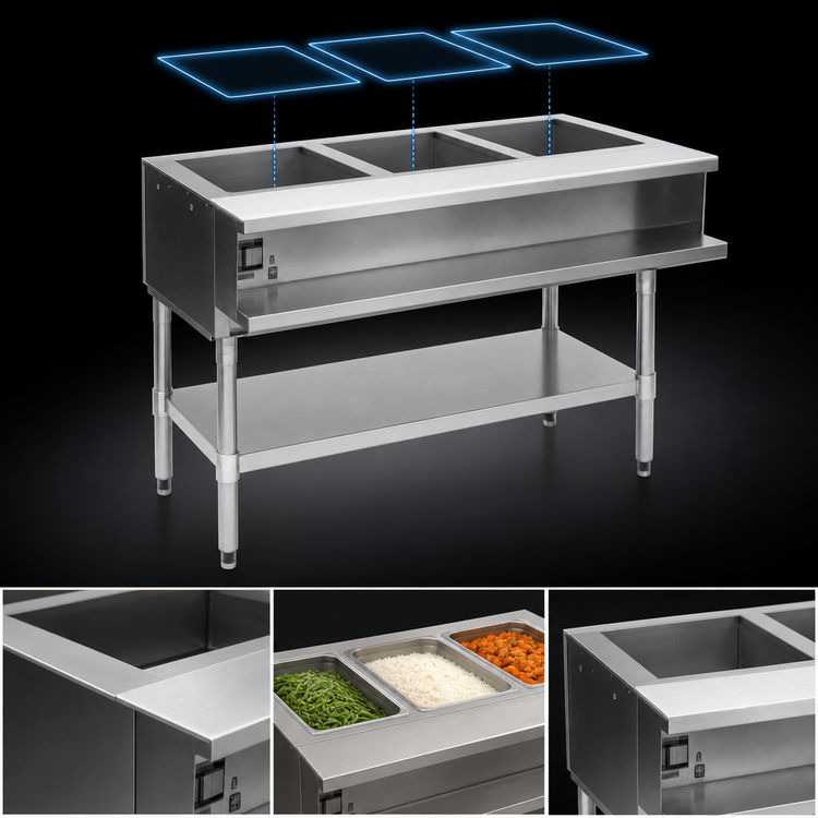 Product image #3 for Eagle Group 48-Inch Natural Gas Water Bath Hot Food Table with 3 Pan Openings, Open Base