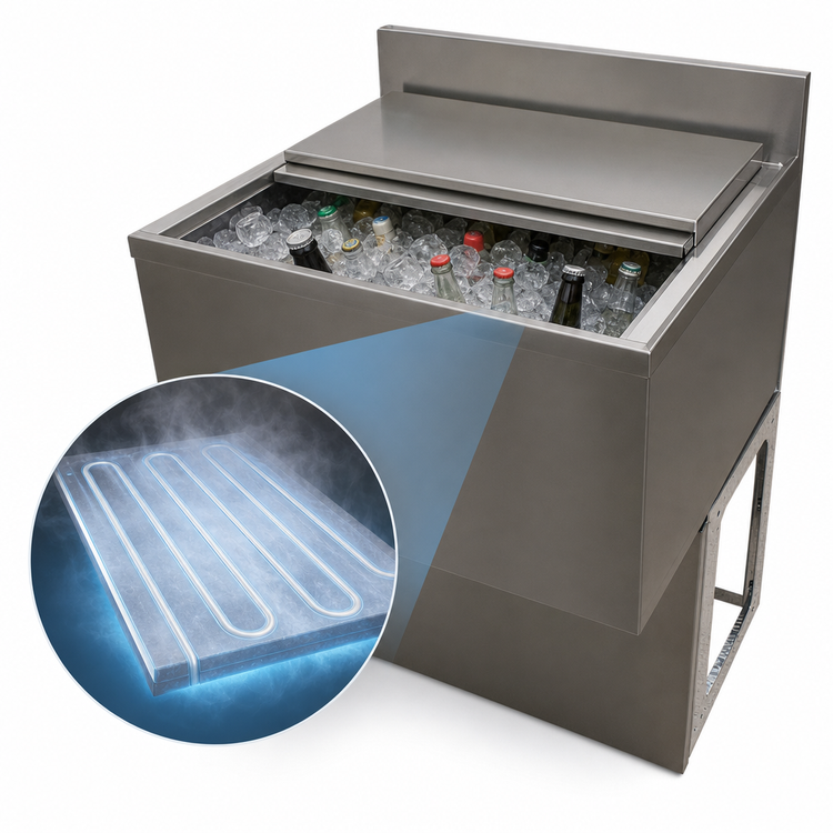 Product image #3 for BK Resources 24-Inch Underbar Insulated Stainless Steel Ice Bin with 8-Circuit Aluminum Cold Plate, 80 lb Capacity