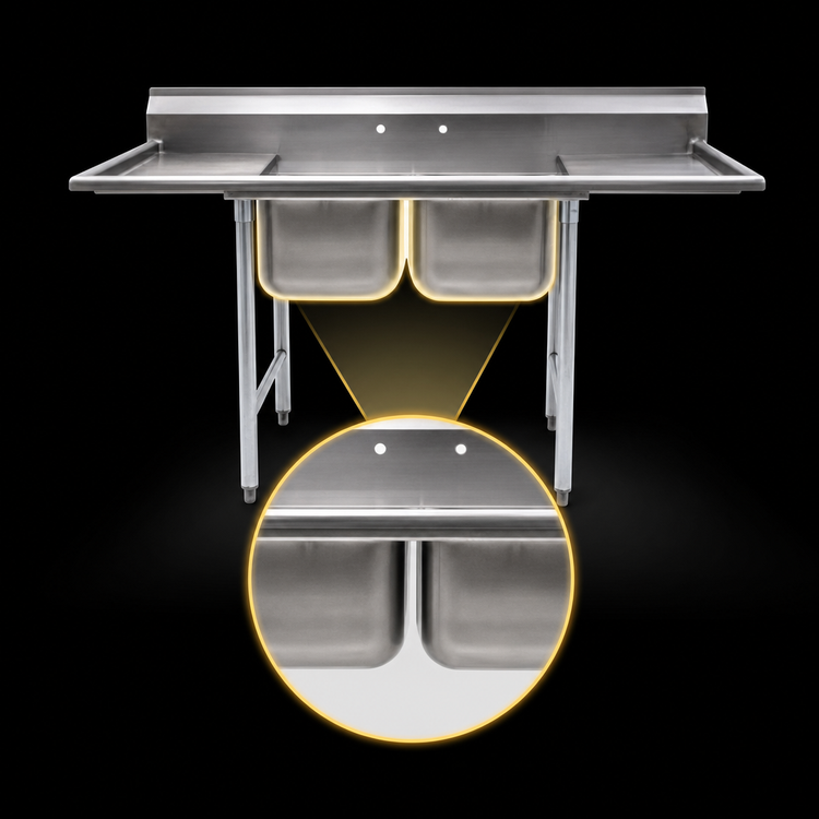Product image #3 for Eagle Group 414 Series Commercial Two-Compartment Stainless Steel Sink with Left and Right Drainboards, 88 Inch Wide
