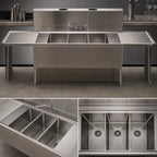 Thumbnail image #4 for BK Resources UBDW-18-384TS Three-Compartment Underbar Sink, 84-Inch, 18/304 Stainless Steel, Dual Drainboards