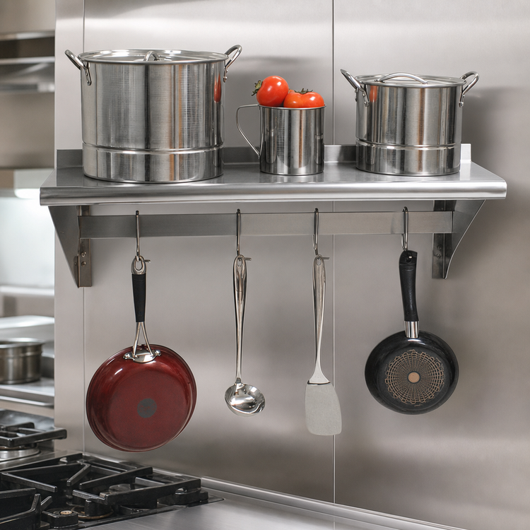 Product image #3 for 72 Inch x 18 Inch Wall-Mounted Stainless Steel Shelf with Pot Rack