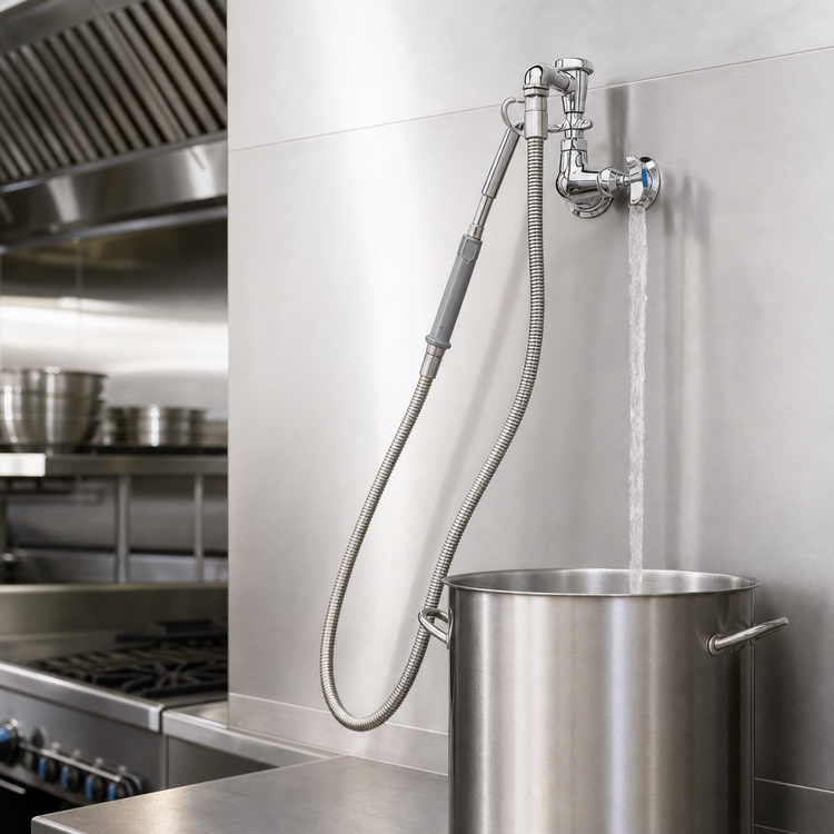 Product image #3 for T&S Brass B-0606 Wall-Mount Pot and Kettle Filler Faucet with Hook Nozzle, 68-Inch Hose, and Vacuum Breaker