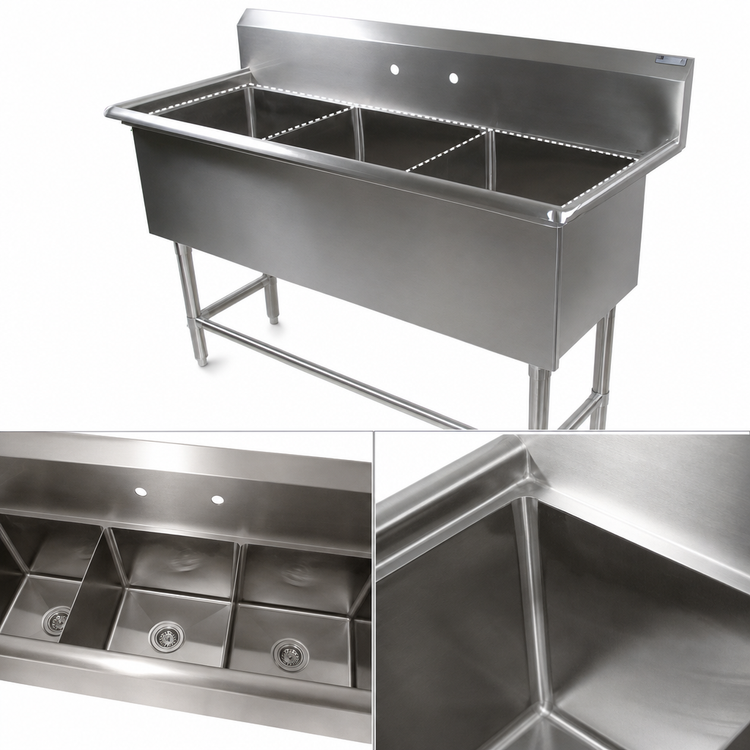 Product image #3 for John Boos Pro-Bowl 3-Compartment Stainless Steel Sink with Stainless Steel Base, 95-1/8" W x 29-1/2" D, 14" Deep Bowls