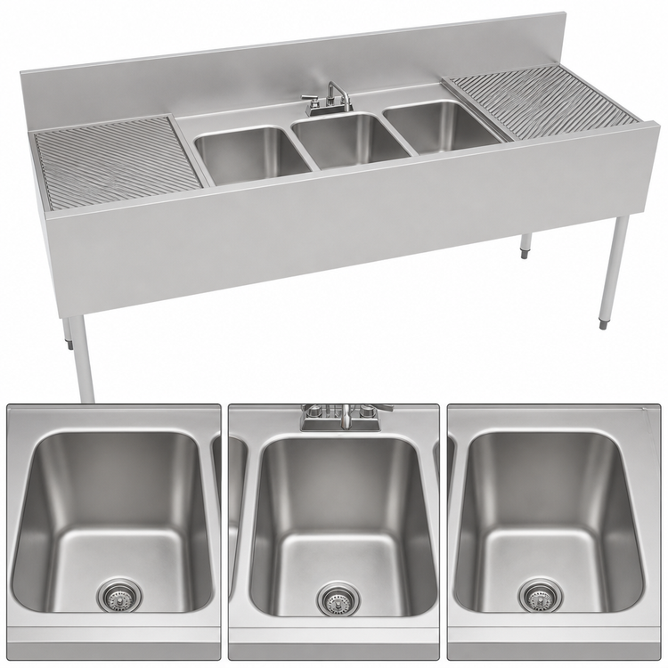 Product image #4 for Top Shelf 72-Inch Three-Compartment Stainless Steel Underbar Sink Unit with Left and Right Drainboards
