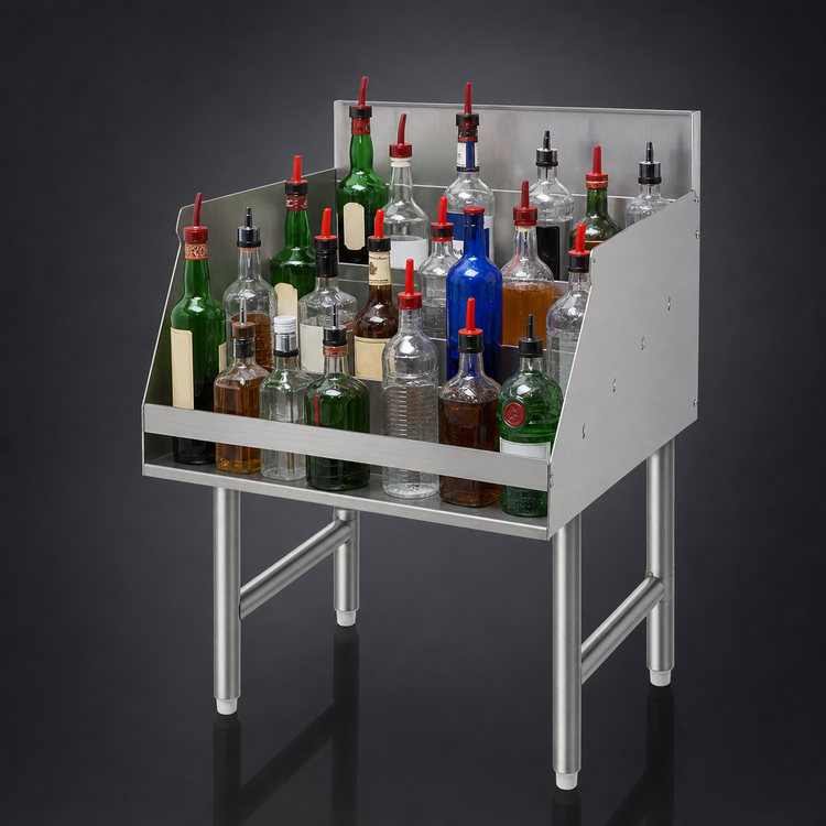 Product image #4 for Advance Tabco Special Value Series Freestanding 5-Step Stainless Steel Liquor Bottle Display Unit with 4-Inch Backsplash, 30-Bottle Capacity