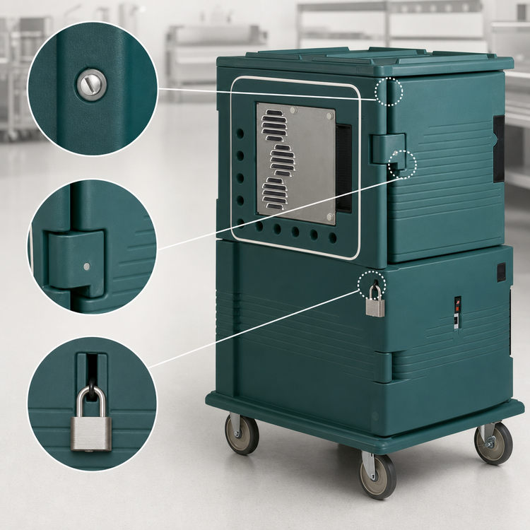 Product image #4 for Cambro Ultra Camcart H-Series Heated Front-Loading Food Pan Carrier with Security Package, 24 GN 1/1 Pan Capacity, Granite Green, 110V