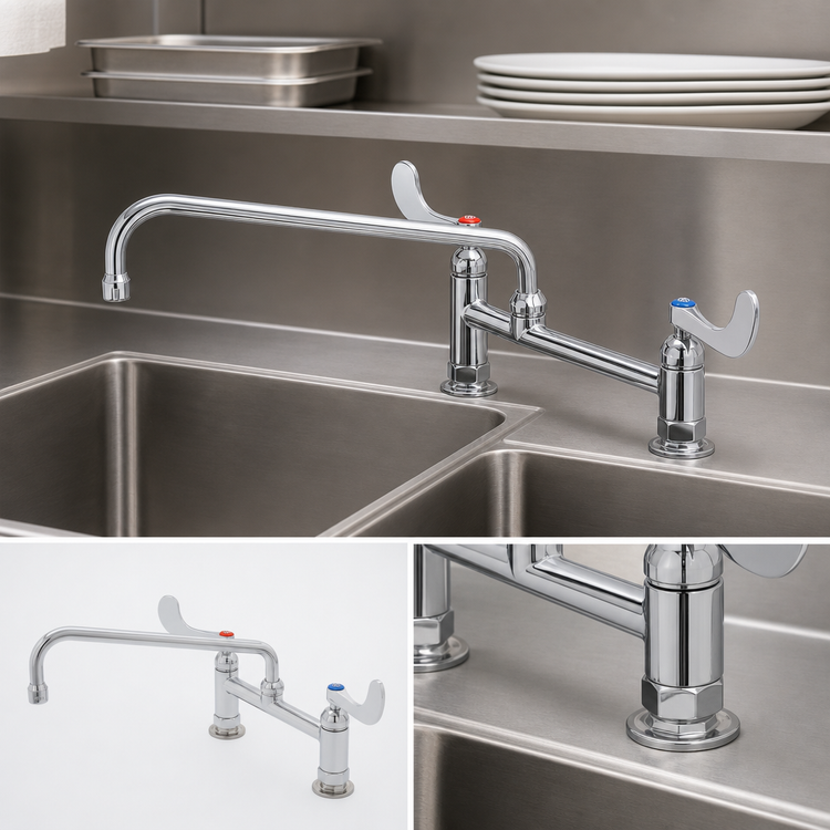 Product image #3 for T&S Brass Double Pantry Deck-Mount Mixing Faucet with 12-Inch Swing Nozzle, 8-Inch Adjustable Centers