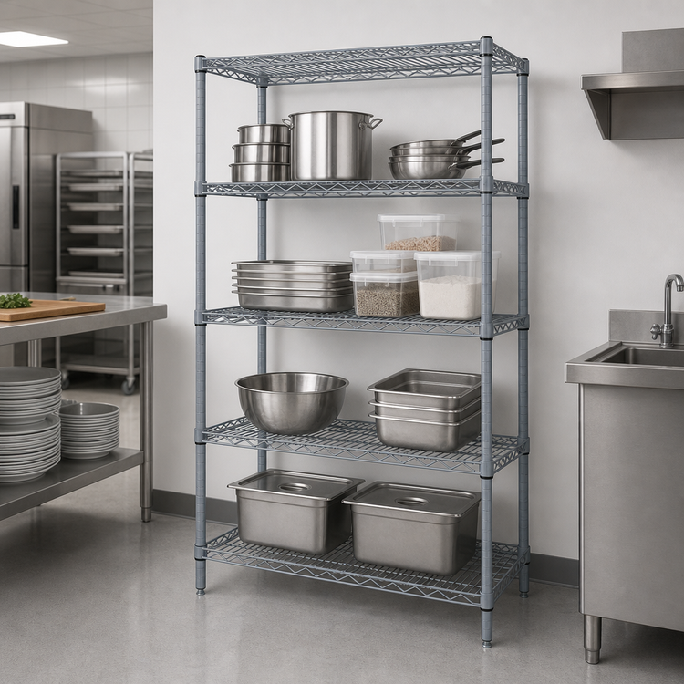 Product image #3 for Quantum Stationary Wire Shelving Starter Kit, 30"W x 14"D x 74"H, 4 Shelves, Gray Epoxy Antimicrobial Finish