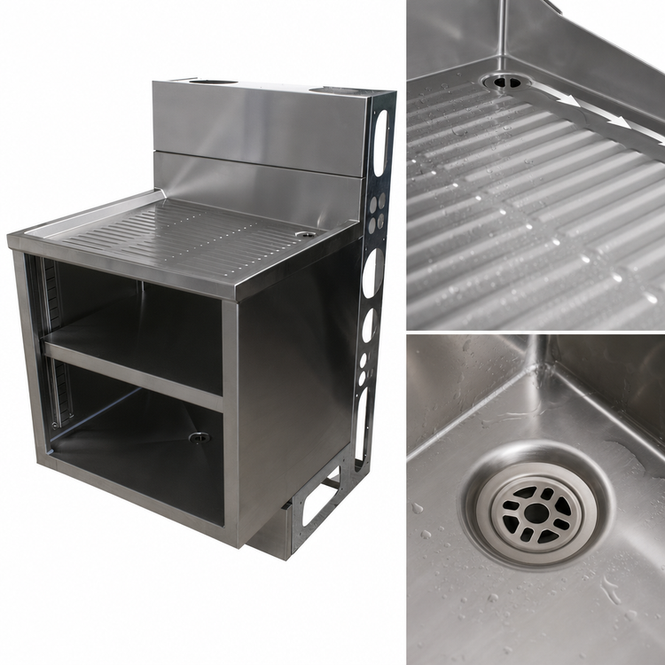 Product image #4 for BK Resources 30-Inch Underbar Glass Rack Cabinet with Drainboard Top, Open Front Base, and Adjustable Shelf