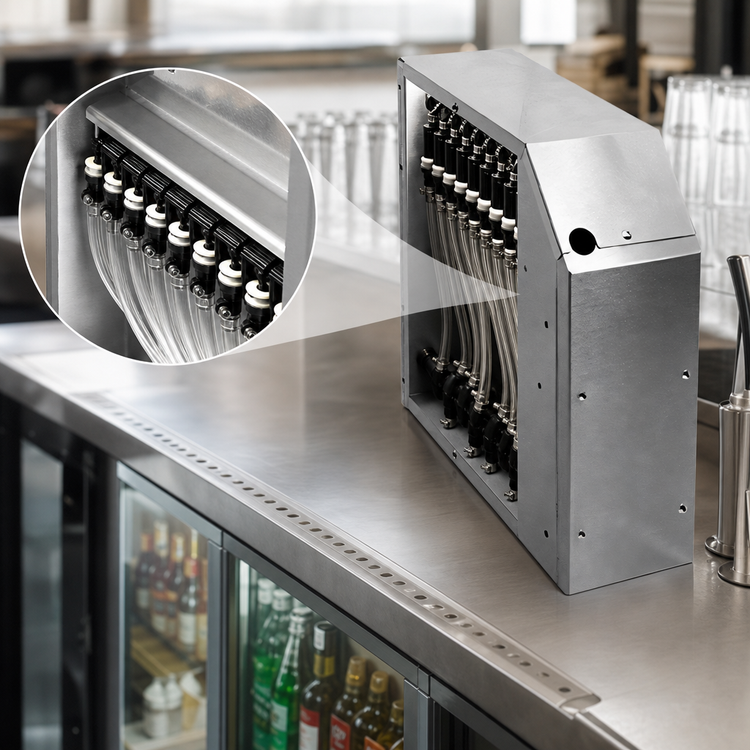 Product image #3 for CHOICE Underbar Stainless Steel Soda Manifold Housing for 8-14 Button Manifolds, 4 x 19 x 18 Inches