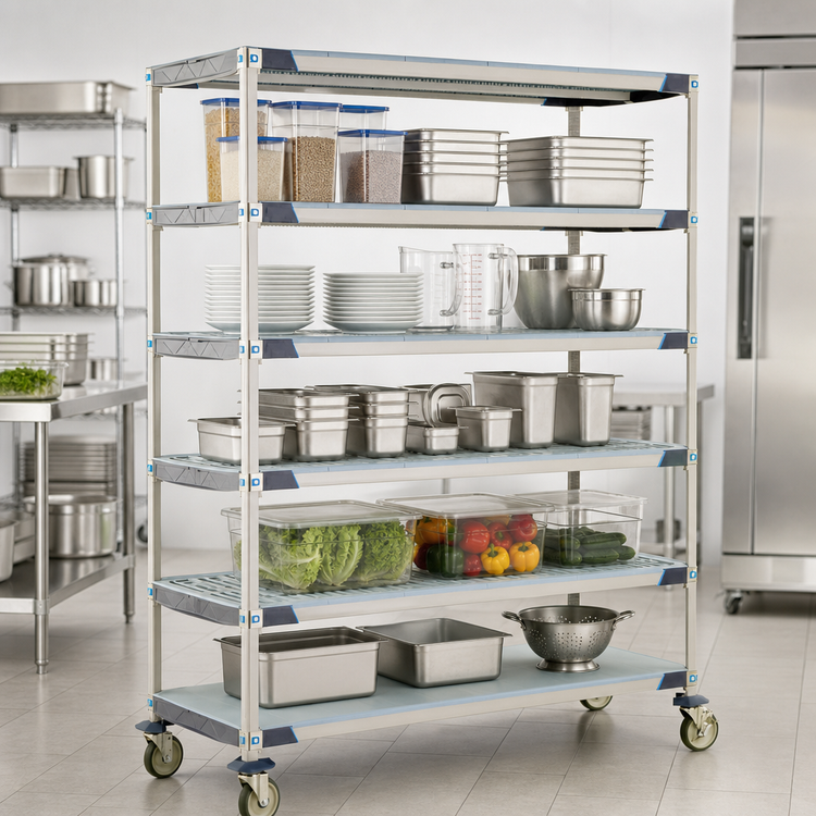 Product image #3 for MetroMax i 5-Tier Mobile Polymer Shelving Unit, 60 x 24 x 80 Inches, Blue, Open Grid with Solid Bottom Shelf