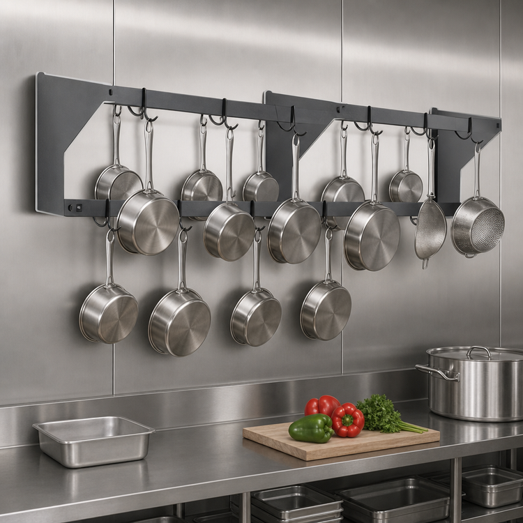 Product image #3 for Eagle Group 144-Inch Wall-Mounted Double-Bar Stainless Steel Pot Rack with 24 Double-Pronged Hooks