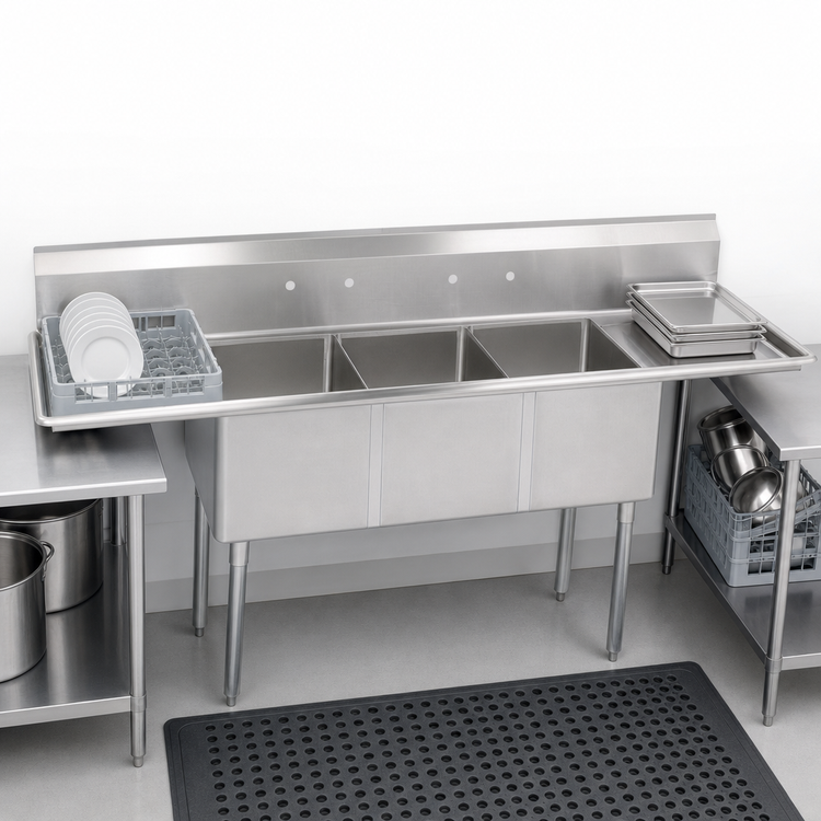 Product image #3 for BK Resources 84-Inch Economy 3-Compartment Stainless Steel Sink with Dual 18-Inch Drainboards