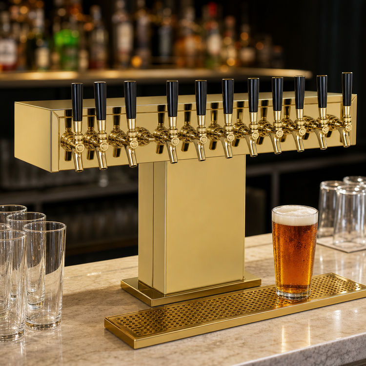 Product image #3 for Wide Base Tee Draft Beer Tower, 12 Faucets, Countertop, Glycol-Cooled, Tarnish-Free Brass Finish