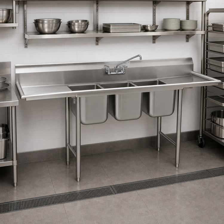 Product image #3 for Eagle Group 90-Inch Wide Three-Compartment Coved Corner Sink with Dual 18-Inch Drainboards