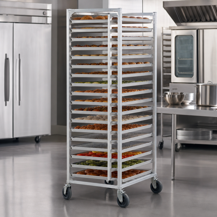 Product image #3 for Double-Width Aluminum Pan Rack for 18" x 26" Trays, 78-Tray Capacity, End Loading, 5" Casters