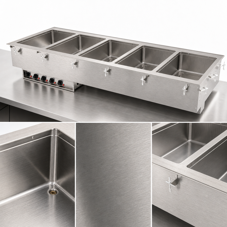 Product image #3 for Vollrath Five-Well Drop-In Electric Hot Food Well for Full-Size 12" x 20" Pans, Marine-Grade 316 Stainless Steel, Thermostatic, Manifold Drain