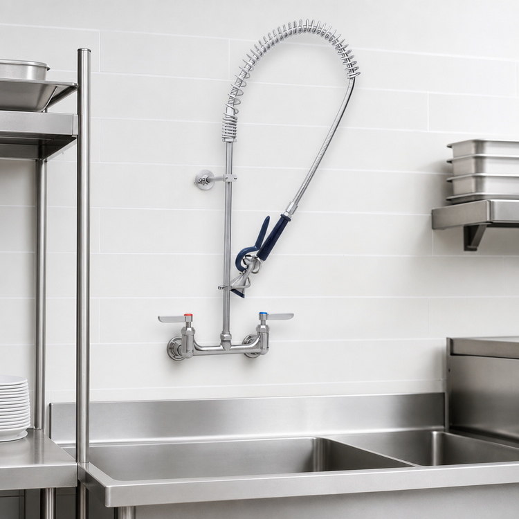 Product image #3 for EverSteel 8-Inch Center Wall-Mount Pre-Rinse Mixing Faucet with 18-Inch Riser and 44-Inch Hose