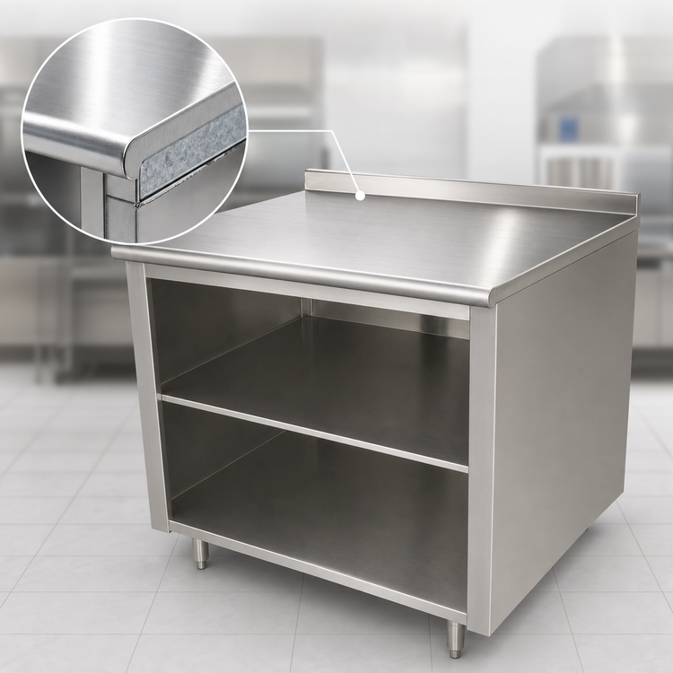 Product image #3 for 120-Inch x 24-Inch Open Front Cabinet Base Work Table with Fixed Mid-Shelf, 14-Gauge 304 Stainless Steel Top, 1-1/2-Inch Rear Splash