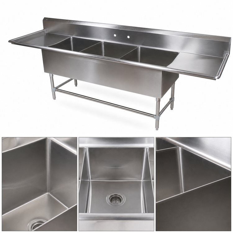 Product image #3 for John Boos Pro-Bowl 3-Compartment Stainless Steel Sink with Dual 30-Inch Drainboards, 18-Inch x 18-Inch x 12-Inch Bowls