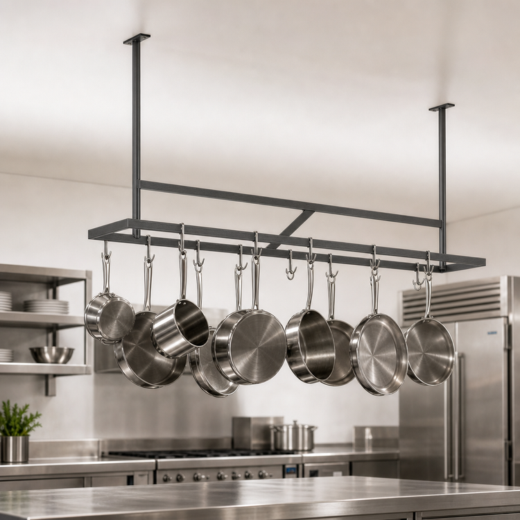 Product image #3 for John Boos Ceiling-Mounted Double-Bar Stainless Steel Pot Rack with 10 Double Hooks