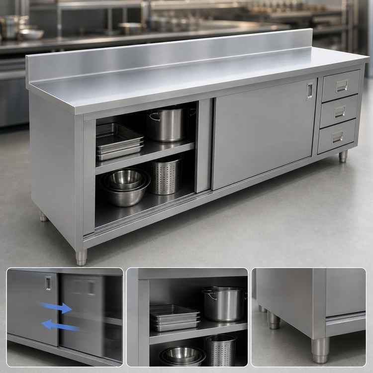 Product image #3 for 72-Inch Stainless Steel Enclosed Work Table with Sliding Doors, 3 Drawers, and 6-Inch Backsplash