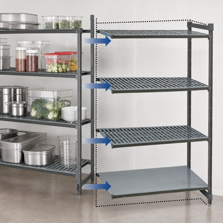 Product image #3 for Cambro Camshelving Basics Plus 4-Tier Add-On Polymer Shelving Unit, 24"W x 36"L x 72"H, 3 Vented & 1 Solid Shelves, Brushed Graphite