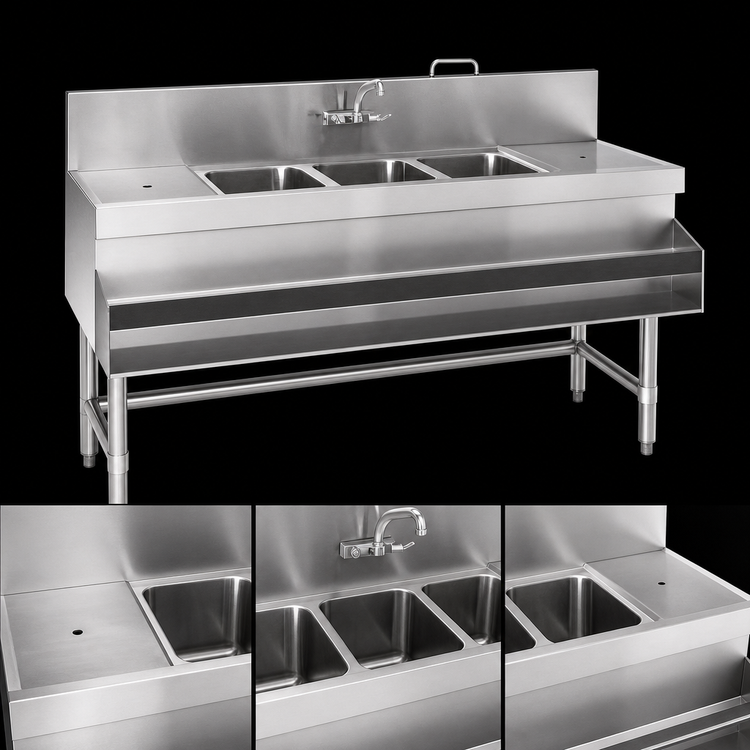 Product image #3 for Spec-Bar 3-Compartment Underbar Sink Unit with Right Drainboard, 60 Inch W x 19 Inch D
