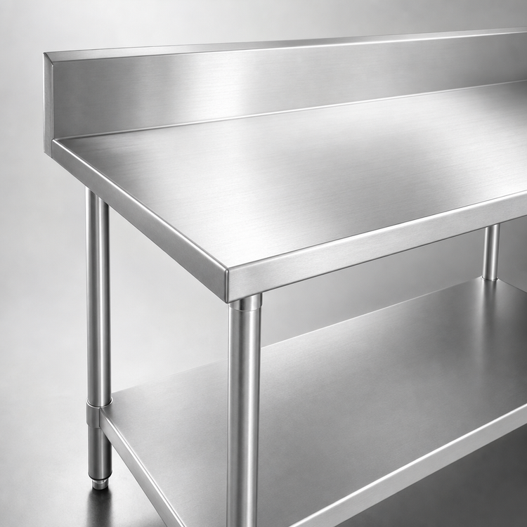 Product image #3 for Advance Tabco 144-Inch 14-Gauge 304 Stainless Steel Work Table with 10-Inch Backsplash and Undershelf