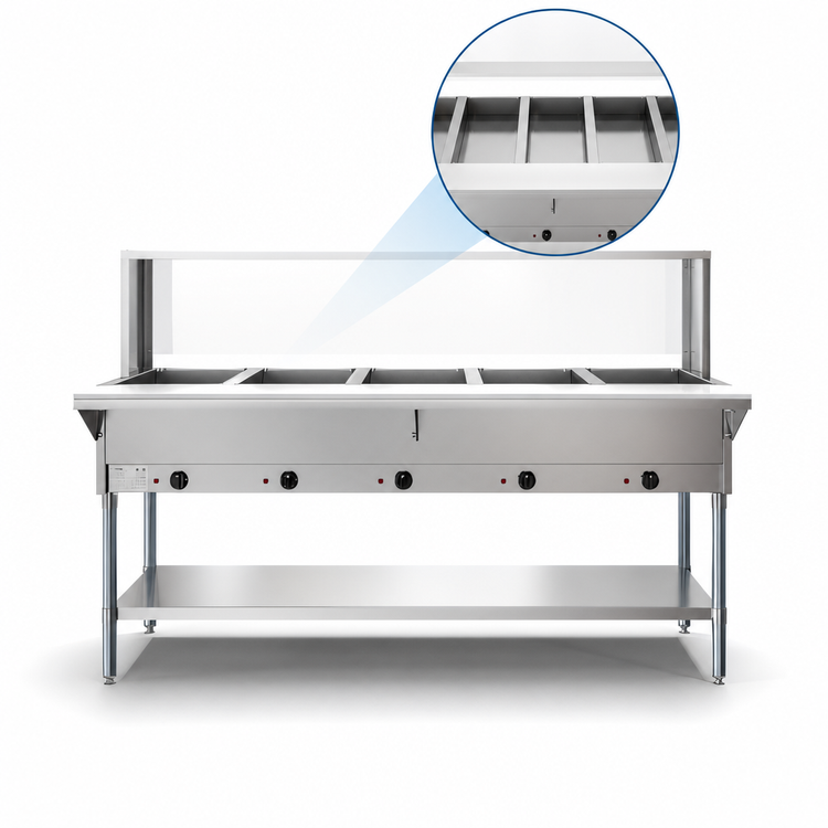 Product image #3 for KoolMore 5-Pan Open Well Electric Steam Table with Undershelf and Sneeze Guard