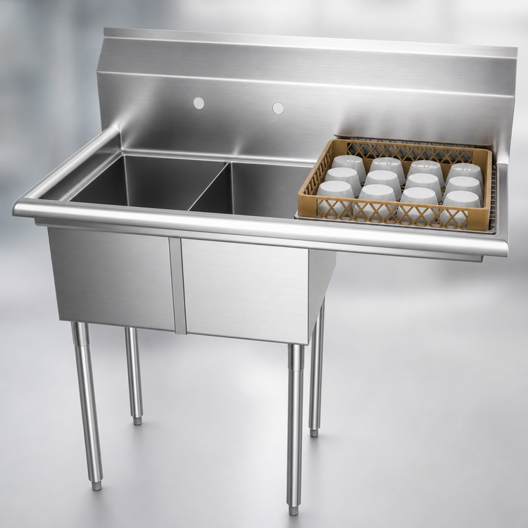 Product image #3 for KoolMore 2-Compartment Commercial Sink with Right Drainboard, Backsplash, 18-Gauge 304 Stainless Steel, 43 x 22 x 44-1/2 Inches