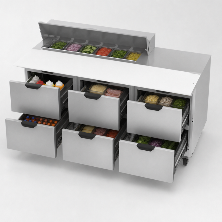 Product image #4 for Beverage-Air Three-Section Sandwich Top Refrigerated Prep Table with 6 Drawers and 12-Pan Rail, 72 Inch